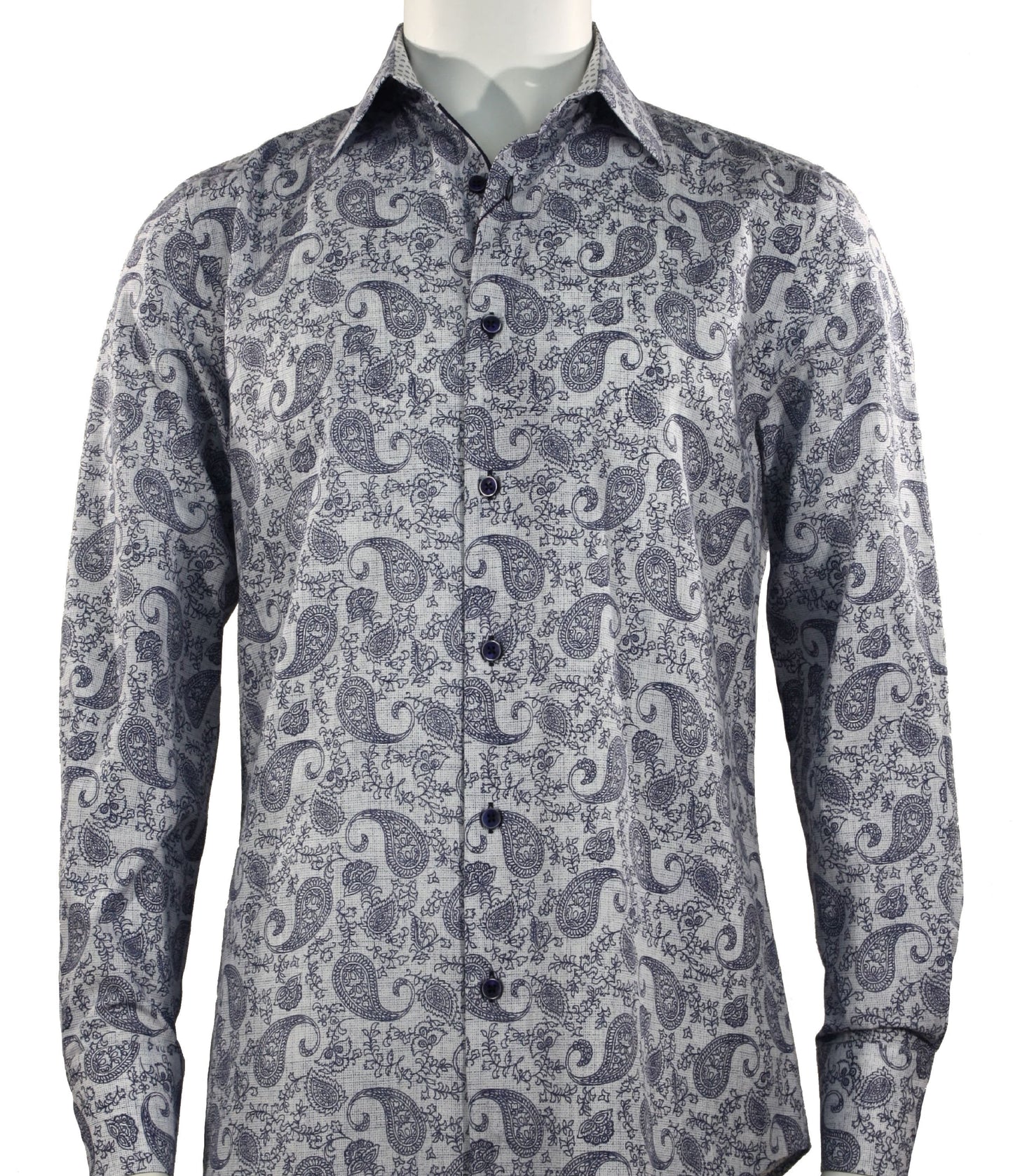 A mannequin showcases the Cado Long Sleeve Blue Shirt 175 from the brand Cado, featuring a modern fit and made of cotton with a blue paisley pattern on a crisp white background.