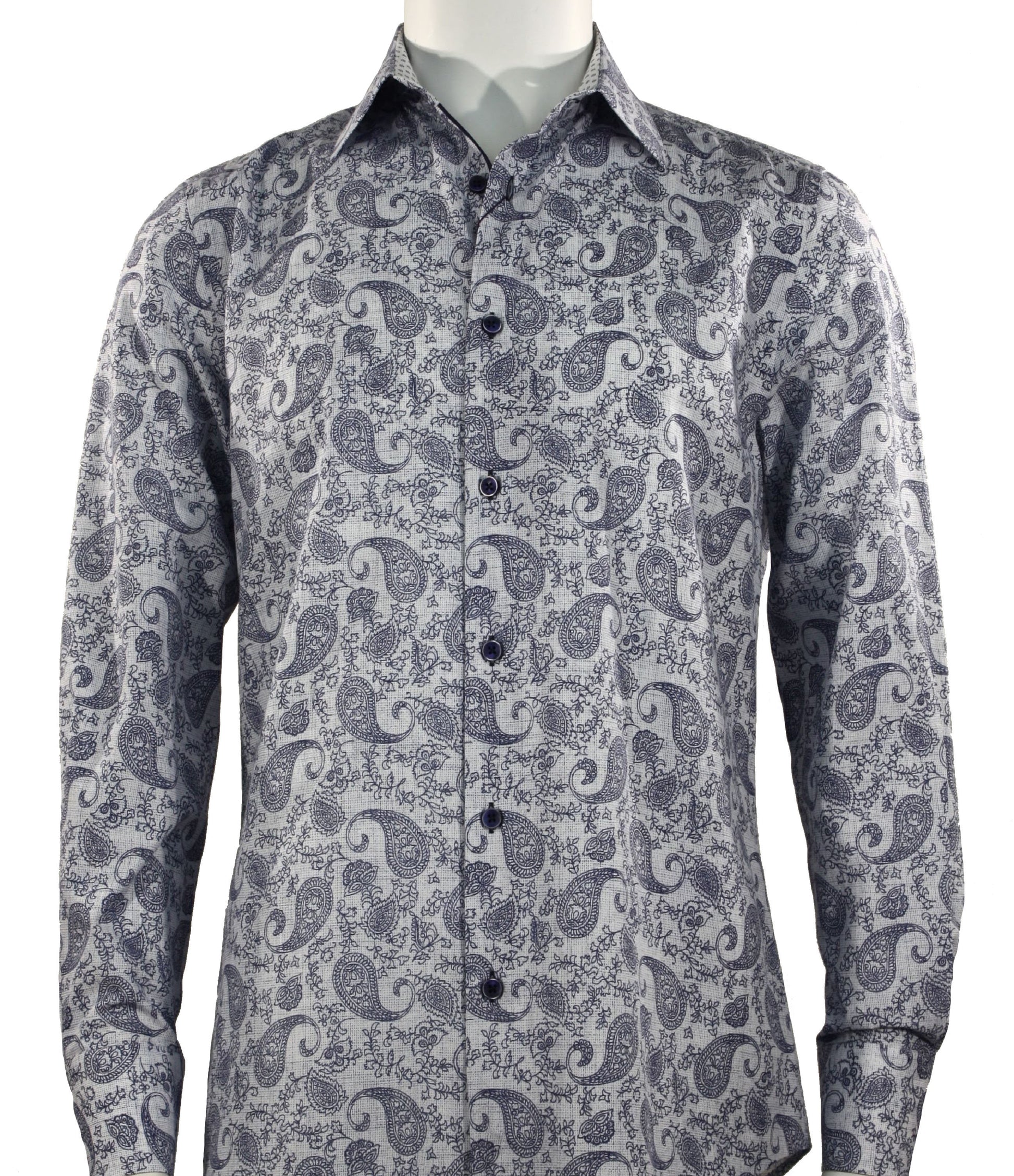 A mannequin showcases the Cado Long Sleeve Blue Shirt 175 from the brand Cado, featuring a modern fit and made of cotton with a blue paisley pattern on a crisp white background.