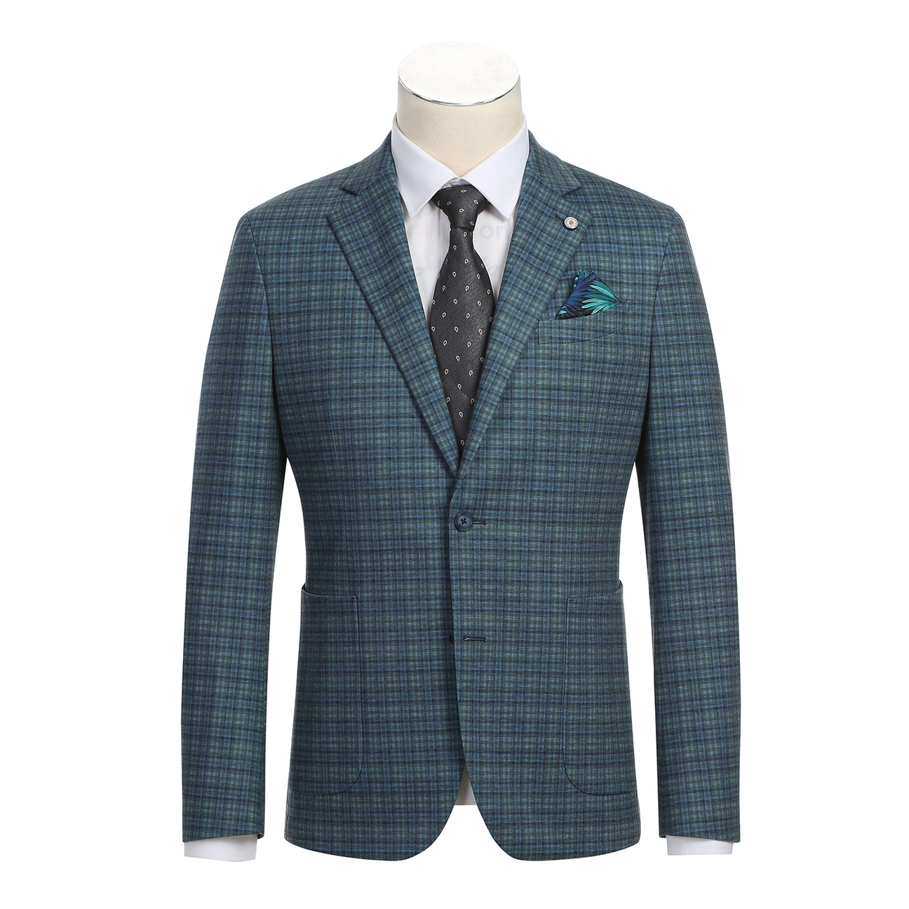 With a blue plaid exterior and a tropical print lining, the Pellagio Green Men's Half Canvas Blazer PS24-12 features practical pockets, a secure button closure, and a distinct label. Expertly crafted from 75% polyester, 18% rayon, and 7% spandex by the renowned brand Pellagio, this blazer promises both comfort and durability.