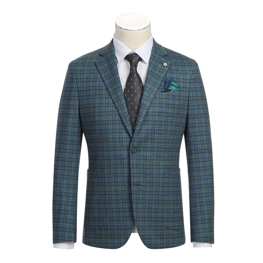 With a blue plaid exterior and a tropical print lining, the Pellagio Green Men's Half Canvas Blazer PS24-12 features practical pockets, a secure button closure, and a distinct label. Expertly crafted from 75% polyester, 18% rayon, and 7% spandex by the renowned brand Pellagio, this blazer promises both comfort and durability.