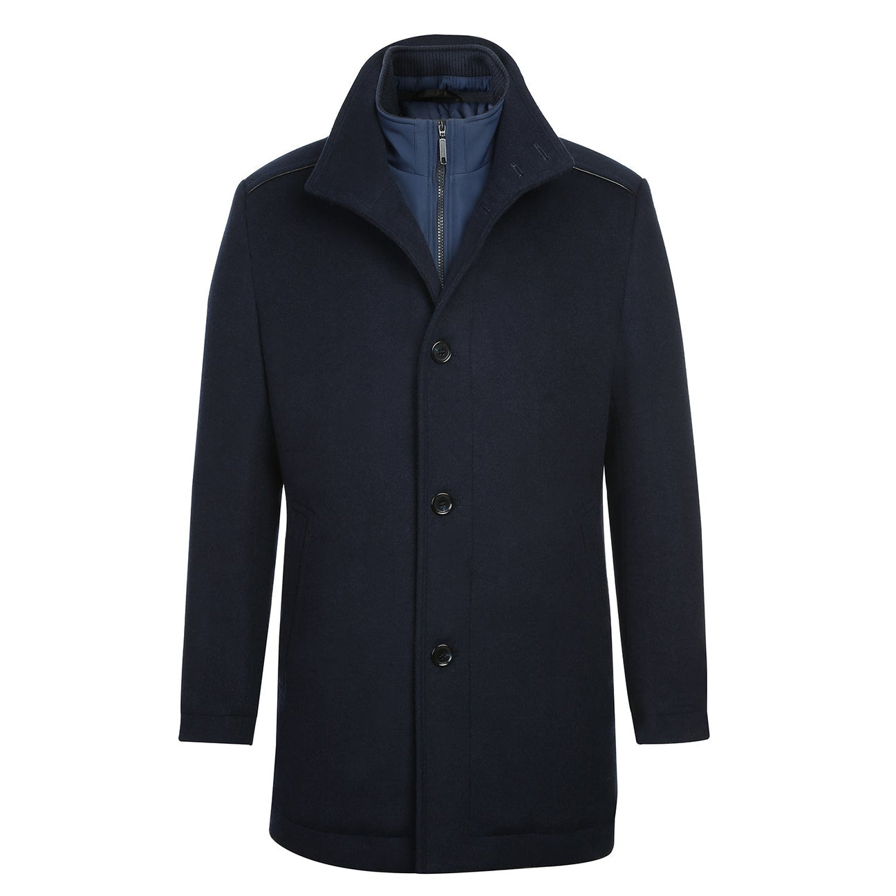 The ENGLISH LAUNDRY Navy Short Coat EL84-01-410 by English Laundry is a wool coat in navy blue that features a standing collar and single-breasted button closure.