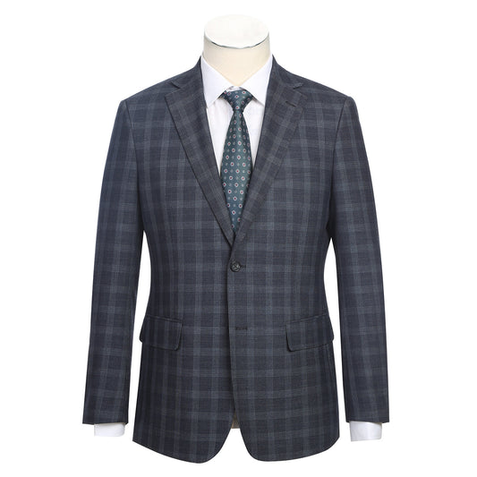 Displayed on a mannequin is the ENGLISH LAUNDRY Iron Gray Check Suit 92-52-410EL from English Laundry, featuring a slim fit jacket paired with matching pants, complemented by a white dress shirt and a patterned tie.