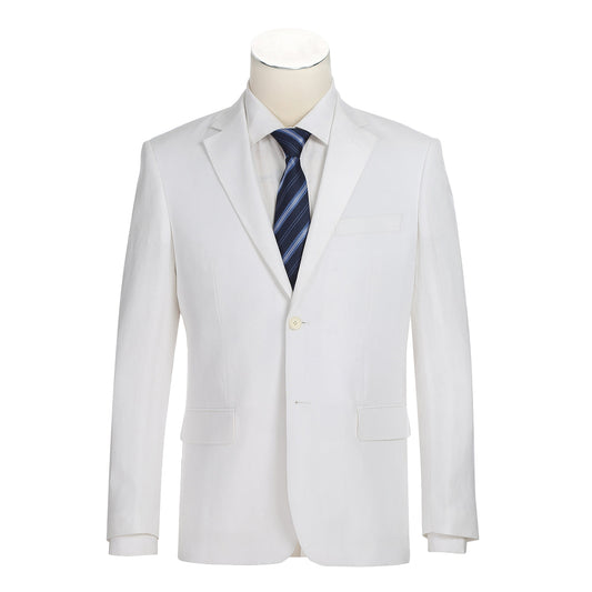 The Alessandro Vitello by Renoir 2-Piece New Slim Fit Suit in white, model 611-2, is elegantly displayed on a mannequin. It is complemented by a crisp white dress shirt and a blue striped necktie. This sophisticated ensemble boasts a two-button closure, making it ideal for any formal occasion.