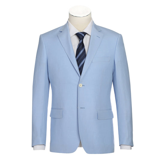 The Alessandro Vitello by Renoir 2-Piece New Slim Fit Suit in blue features a sleek two-button jacket with notched lapels and flap pockets, perfectly complemented by a white dress shirt and navy blue striped tie for a sophisticated ensemble.