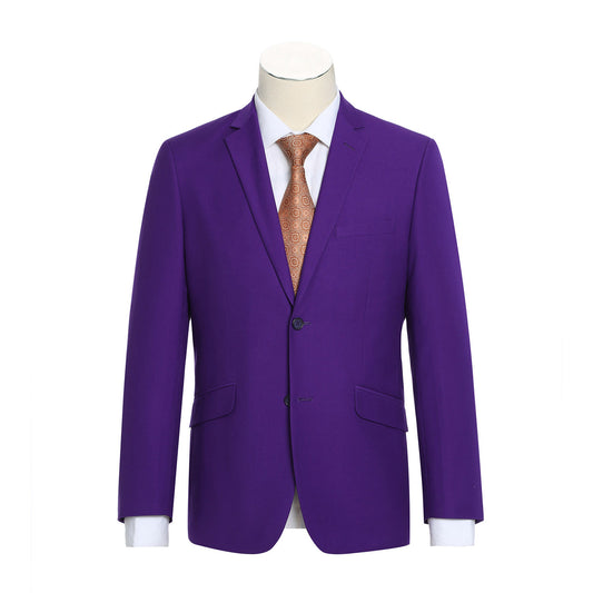 The Alessandro Vitello by Renoir Purple Slim Fit Suit Jacket, showcased on the mannequin, pairs perfectly with a white shirt and a patterned orange tie, providing a stylish twist on comfortable office wear.