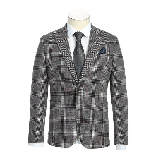 The Pellagio Men's Half Canvas Light Gray Blazer PF23-13 is showcased on a mannequin, styled with a white shirt and dark patterned tie, exuding sophistication with its slim fit design.