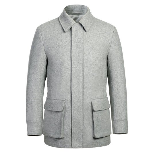 The ALESSANDRO VITELLO Gray Short Coat 830-1 by Alessandro Vitello is a light gray, long-sleeve, single-breasted wool coat that features a collared design and two large patch pockets at the front.