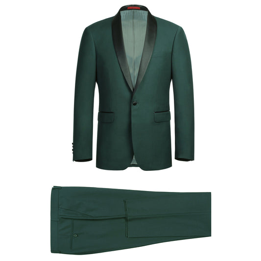 The Alessandro Vitello by Renoir Dark Green 2-Piece Slim Fit Shawl Lapel Tuxedo Suit 201-9, when styled with its matching pants displayed separately, perfectly embodies the balance of elegance and sophistication.