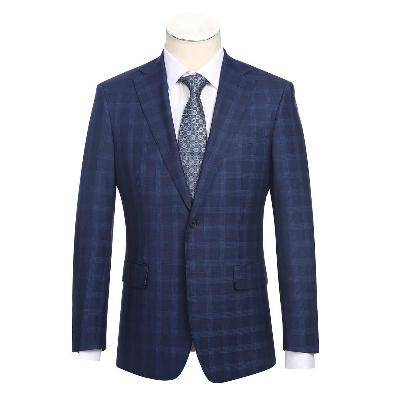 A mannequin showcases the English Laundry ENGLISH LAUNDRY Navy Check Suit 92-53-410EL, featuring a slim fit design with notch lapels and a two-button closure, perfectly paired with a white shirt and patterned tie.