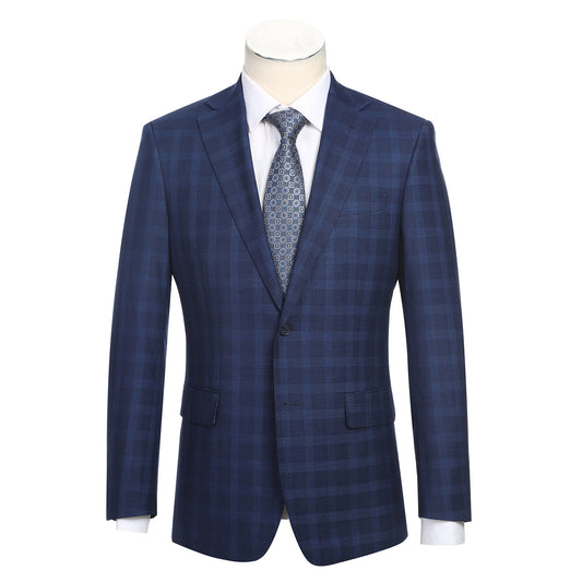 A mannequin showcases the English Laundry ENGLISH LAUNDRY Navy Check Suit 92-53-410EL, featuring a slim fit design with notch lapels and a two-button closure, perfectly paired with a white shirt and patterned tie.