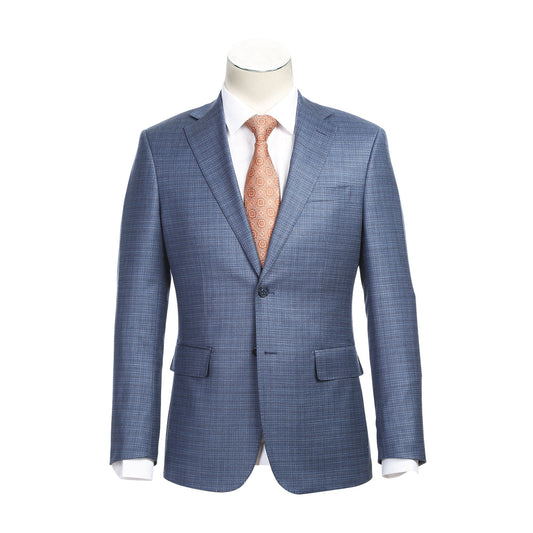 The ENGLISH LAUNDRY Pale Blue Wool Suit EL82-60-402, featuring a slim fit with a subtle check pattern and stylish notch lapels, pairs perfectly with a crisp white dress shirt and an orange patterned tie, elegantly displayed on a mannequin.