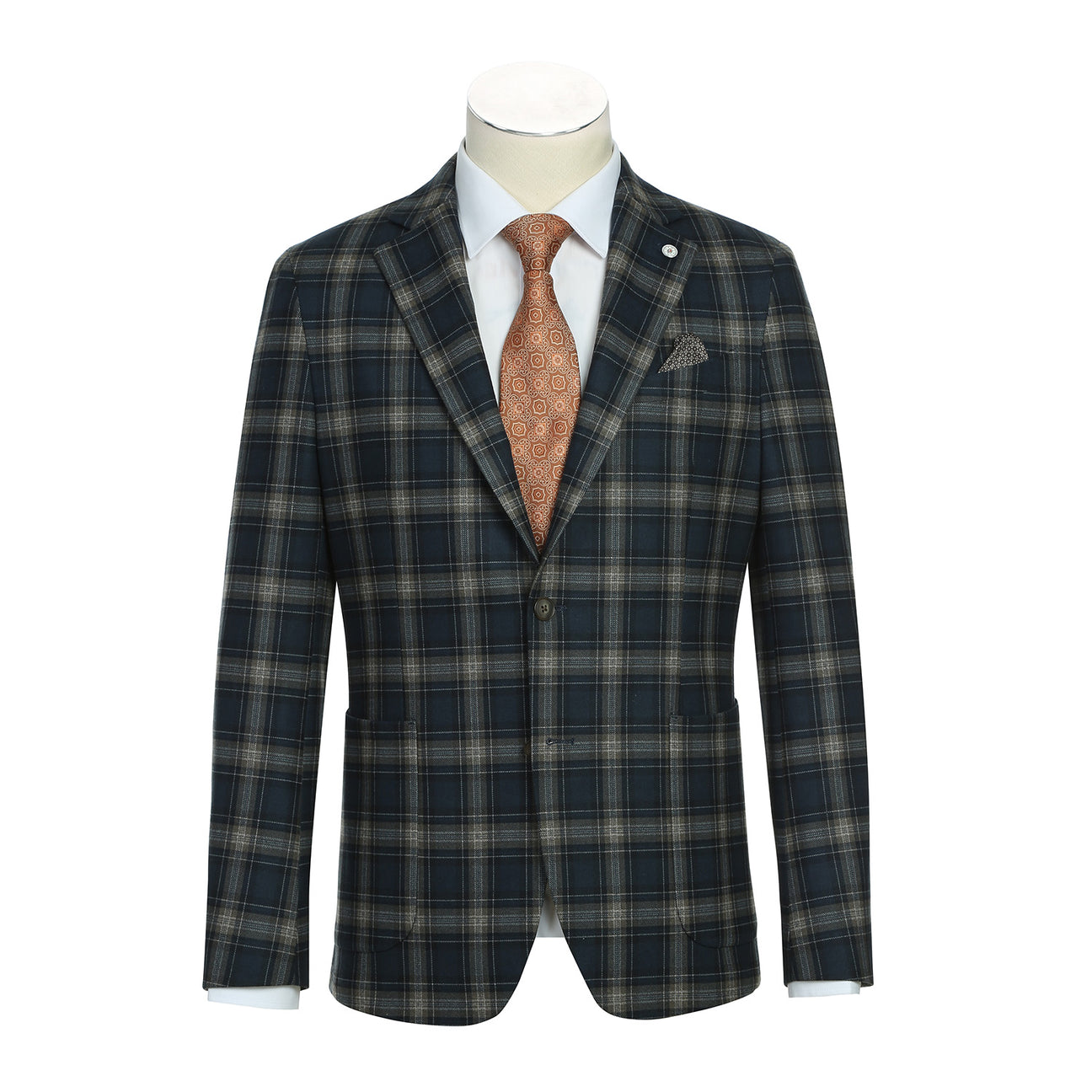 Display a mannequin wearing the Pellagio Men's Half Canvas Navy Brown Blazer PF23-12, showcasing its tailored, single-breasted plaid design. It's perfectly complemented with a light blue dress shirt and an orange patterned tie.