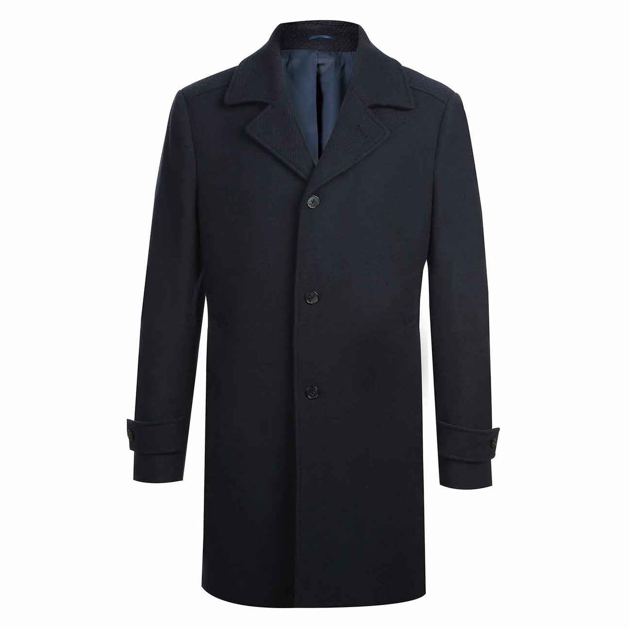 Navy long coat by Alessandro Vitello, model 830-2, featuring a single-breasted design with a notched lapel and cuff straps, displayed on an invisible mannequin against a white background.