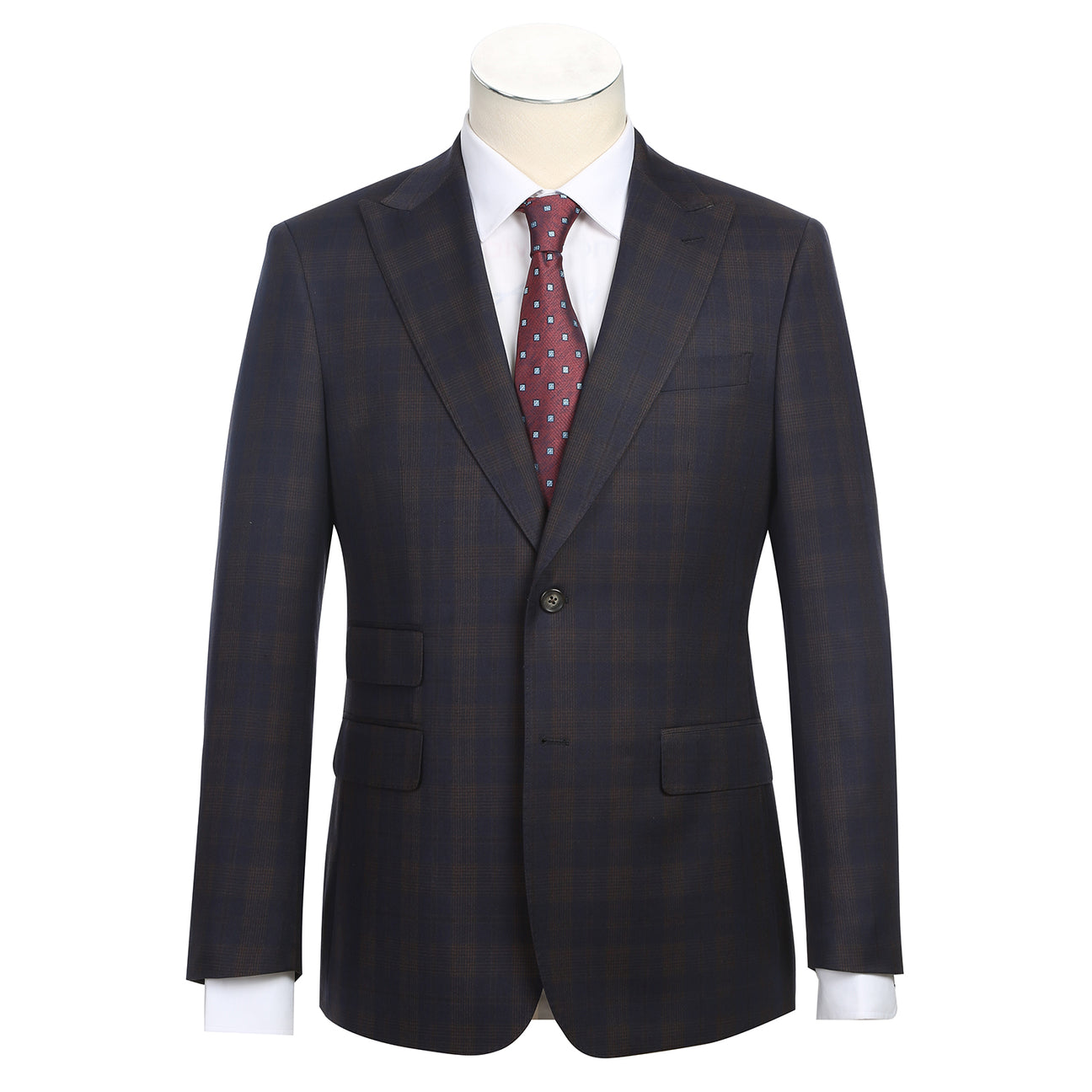 On display is the ENGLISH LAUNDRY Brown Check Suit 92-50-410EL by English Laundry, featuring a tailored slim fit plaid suit jacket paired with a crisp white dress shirt and a striking red polka dot tie.