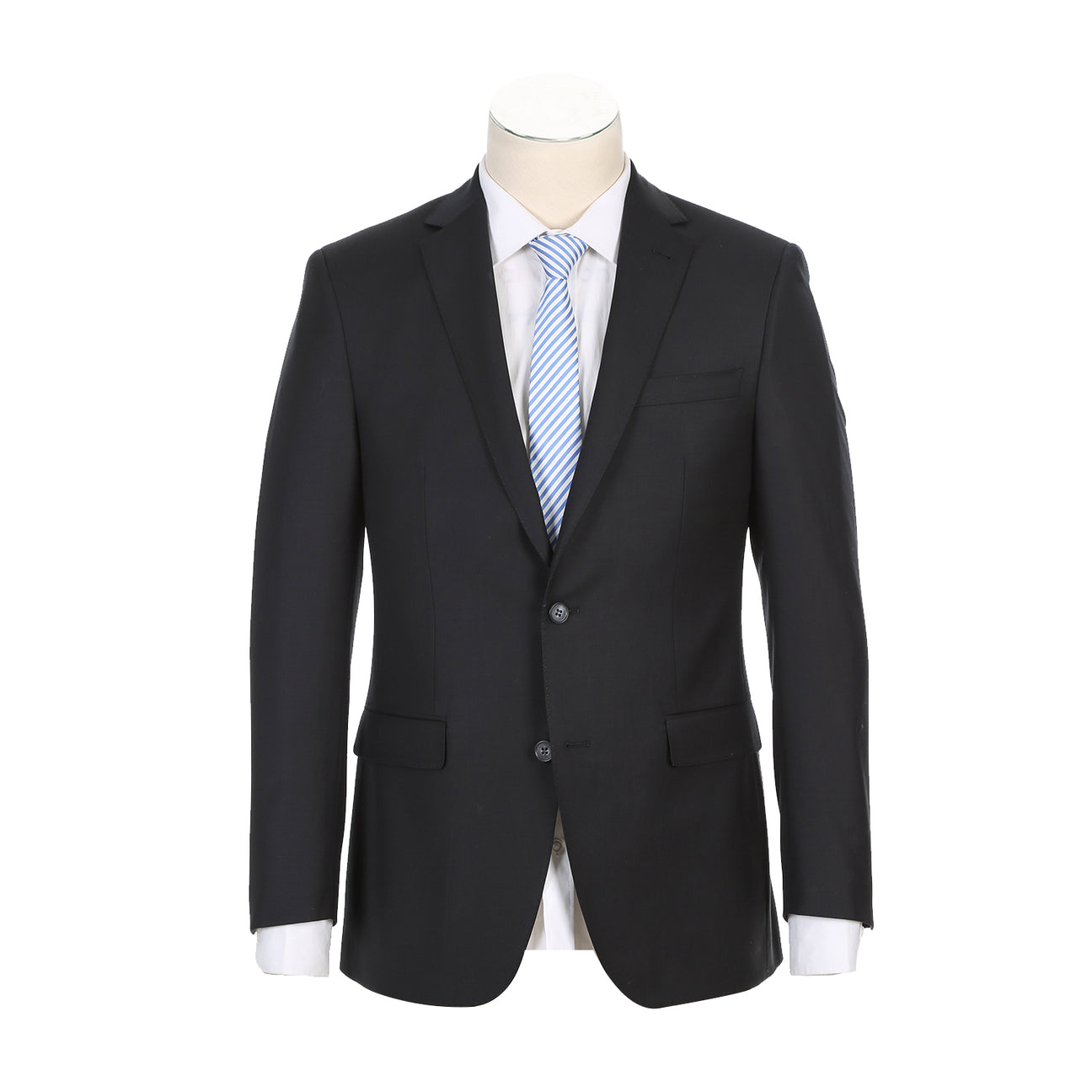 The Rivelino Classic Fit Black Half-Canvas Suit (RHC100-1) is elegantly combined with a crisp white dress shirt and a blue striped tie on the mannequin.