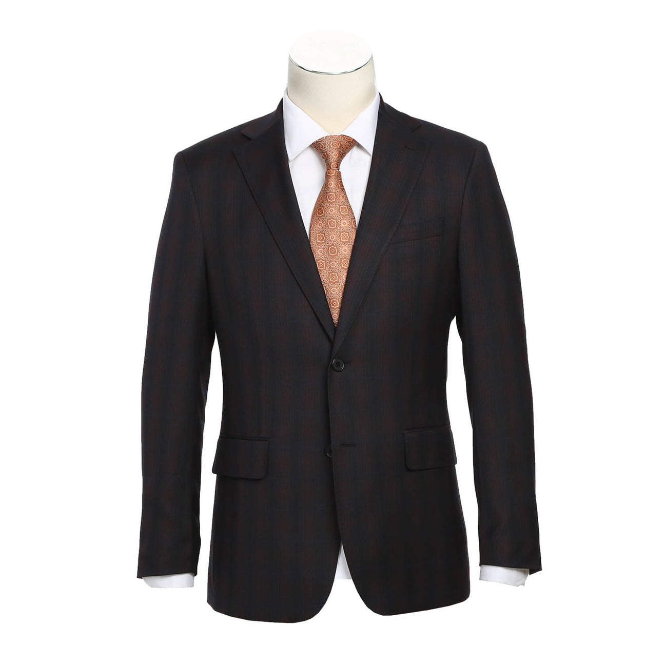 The English Laundry Coffee with Red Check Suit 82-56-410EL, a slim fit jacket with notch lapels and a subtle pattern, is elegantly displayed on a mannequin paired with a white shirt and an orange patterned tie.