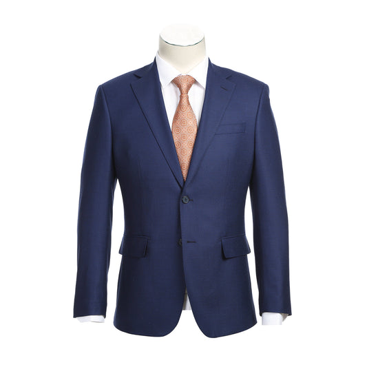 The ENGLISH LAUNDRY Blue Wool Suit EL82-22-411 by English Laundry, with its slim-fit design, is stylishly displayed on a mannequin alongside a crisp white shirt and an orange patterned tie.