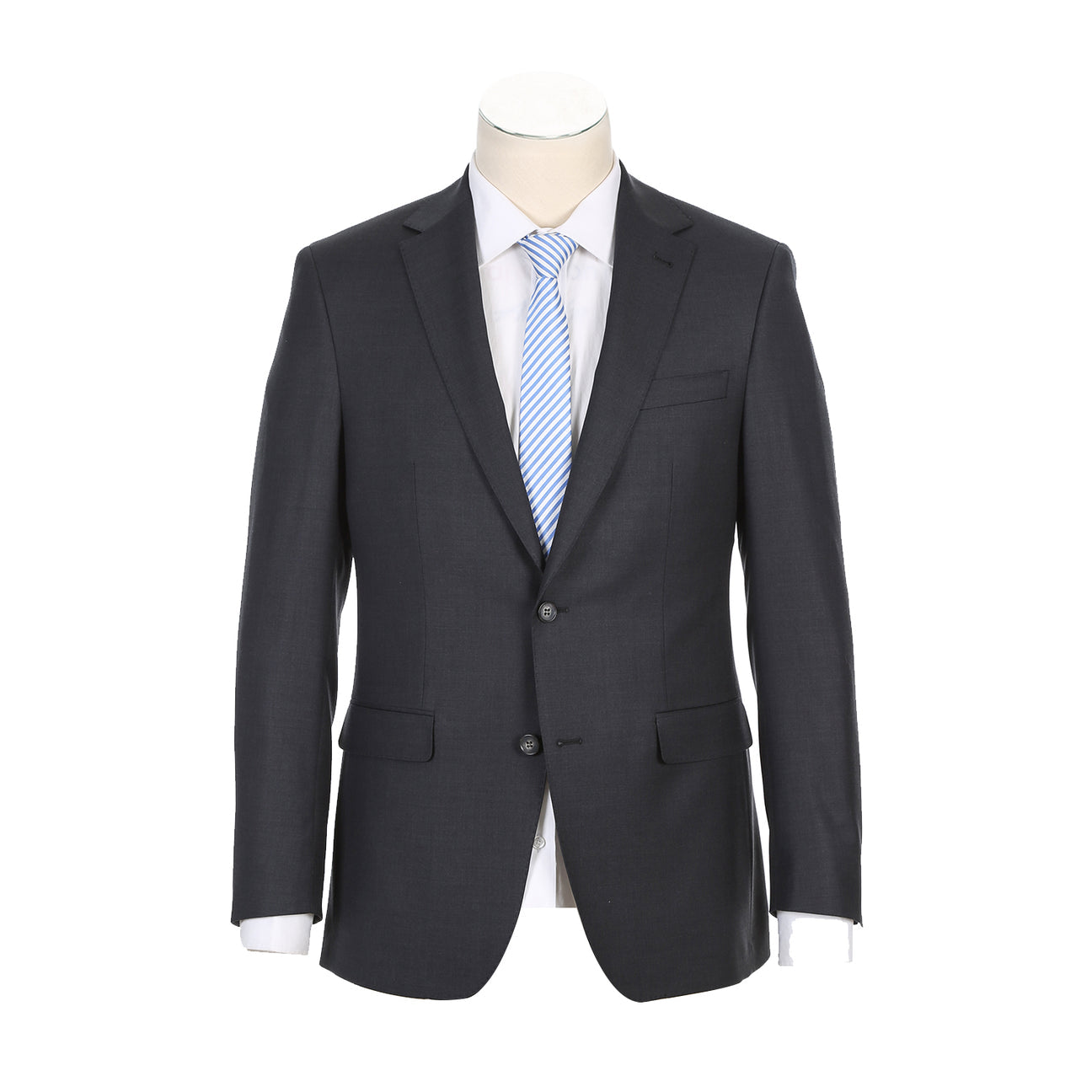 A Rivelino Classic Fit Charcoal Half-Canvas Suit (RHC100-3), meticulously crafted from premium wool fabric, is paired with a light blue striped tie and a white shirt, elegantly displayed on a mannequin.