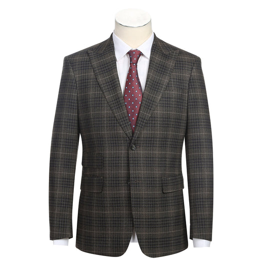 The mannequin is adorned in an English Laundry three-piece sand brown check suit, featuring a sleek jacket that drapes elegantly over a white dress shirt, complemented by a maroon polka dot tie.