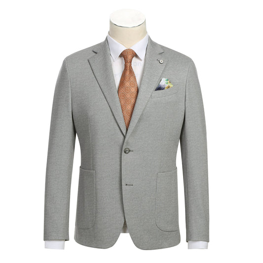 The Pellagio Riserva JKT Sports Coat PS24-2 is a gray blazer by Pellagio, featuring tropical print lining, button details, and a fabric swatch. It is crafted from a blend of 86% polyester, 9% rayon, and 5% spandex for both comfort and style.