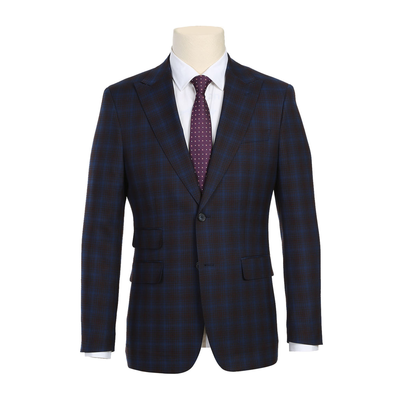 Displayed on a mannequin is the ENGLISH LAUNDRY Navy with Burgundy Check Suit 82-55-470EL from English Laundry, featuring a slim fit and peak lapels. It is stylishly complemented by a white dress shirt and a purple polka dot tie.