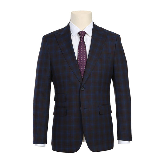 Displayed on a mannequin is the ENGLISH LAUNDRY Navy with Burgundy Check Suit 82-55-470EL from English Laundry, featuring a slim fit and peak lapels. It is stylishly complemented by a white dress shirt and a purple polka dot tie.