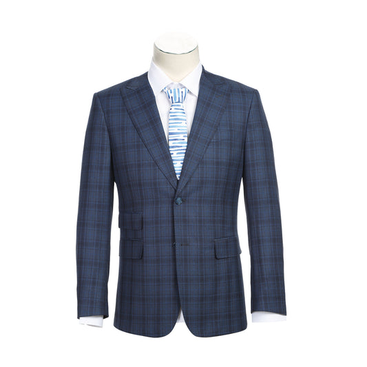 The mannequin is adorned with the ENGLISH LAUNDRY Cadet Blue Check Suit 92-53-095EL, a stylish offering from English Laundry, complemented by an immaculate white shirt and a striped tie. Its elegant peak lapels bring an air of sophistication to the ensemble.