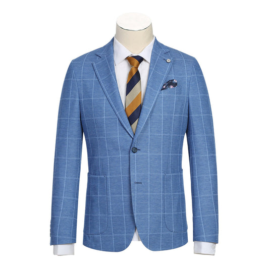 The Pellagio Blue Plaid Men's Half Canvas Blazer PS23-6 by Pellagio features a blue checkered design, slim fit, floral lining, and pocket square in a single-breasted style for enhanced structure.