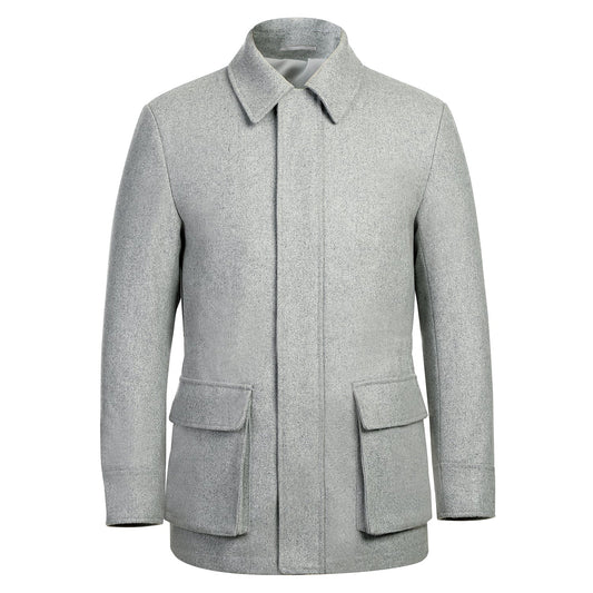 The ENGLISH LAUNDRY Gray Short Coat EL84-01-092 by English Laundry features a collar, single-breasted front buttons, and two large patch pockets in a wool-blend fabric.