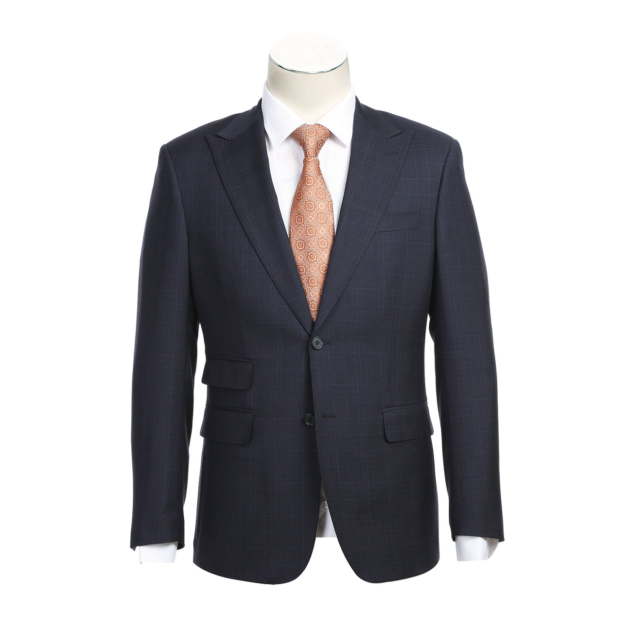 A dark gray slim fit suit jacket with peak lapels from English Laundry's ENGLISH LAUNDRY Dark Gray Wool Suit EL82-18-412, paired with a white dress shirt and an orange patterned tie on a mannequin.