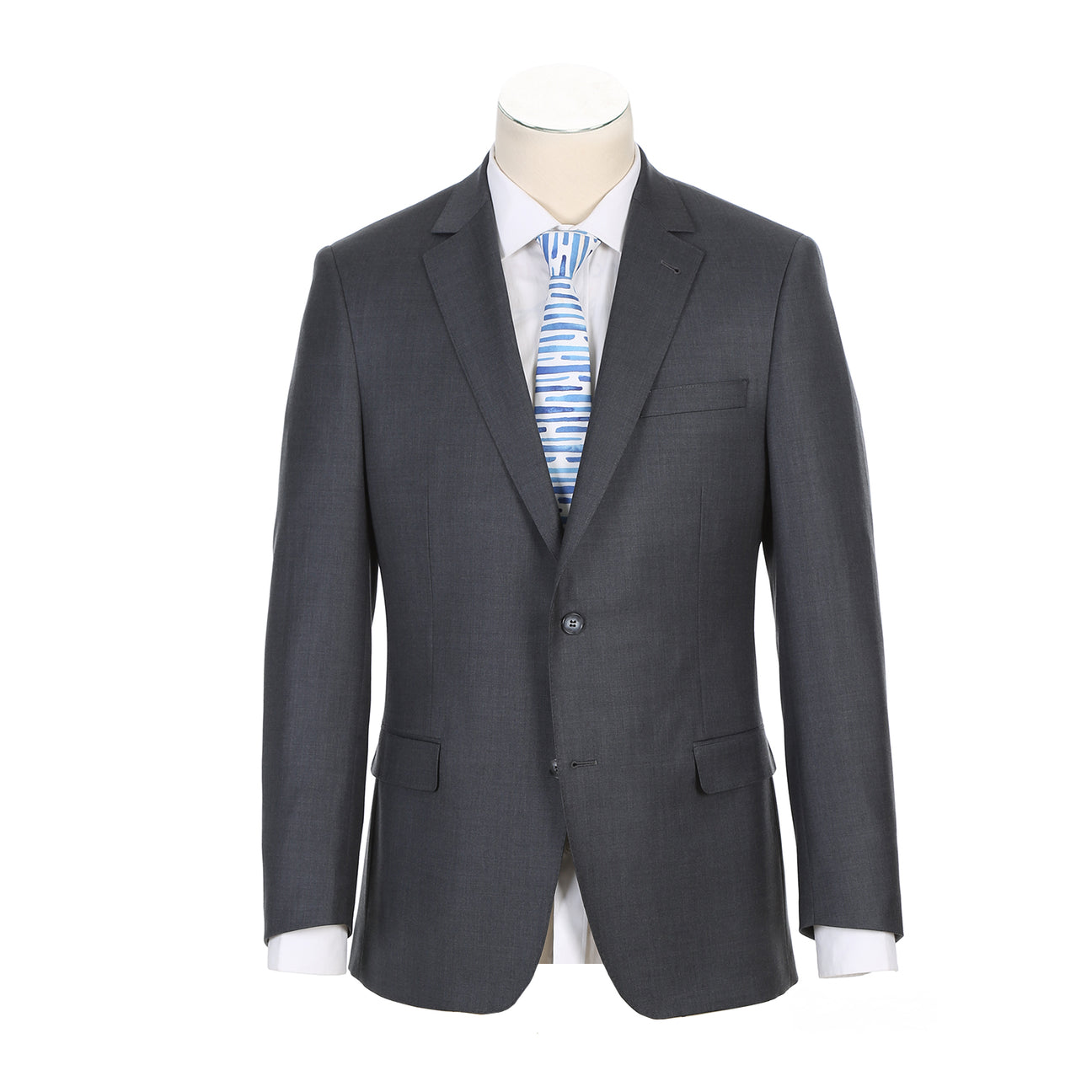 The RIVELINO Classic Fit Gray Half-Canvas Suit RHC100-4 by Rivelino is elegantly showcased on a mannequin, paired with a white dress shirt and a blue striped tie.