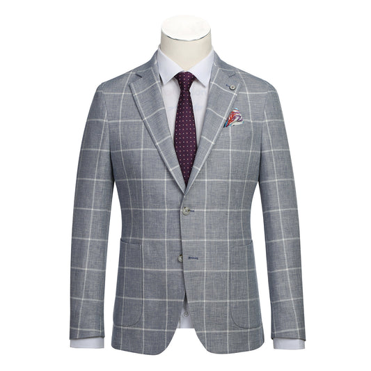 The Pellagio Blue White Men's Half Canvas Blazer PS24-7, featuring a sophisticated notched lapel, is stylishly draped over a white dress shirt. The look is completed by a burgundy polka dot tie and pocket square, all showcased on a mannequin by Pellagio.