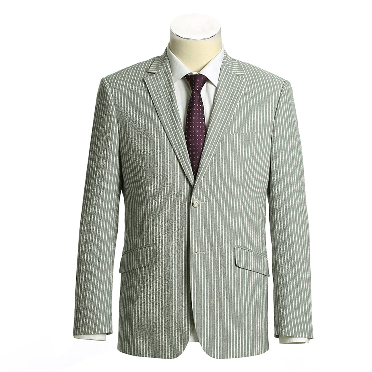 Dressed on a mannequin, the Alessandro Vitello by Renoir Gray Slim Fit Notch Lapels Stripe Cotton Suit 611-1, crafted from cotton spandex, features a stylish gray pinstriped single-breasted jacket paired elegantly with a crisp white dress shirt and a maroon dotted tie.