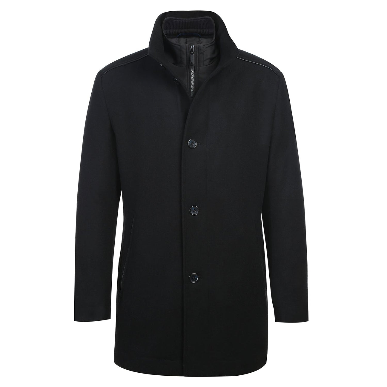 The ENGLISH LAUNDRY Black Short Coat EL84-01-001 by English Laundry features a high standing collar and two side pockets, completing this elegant design.