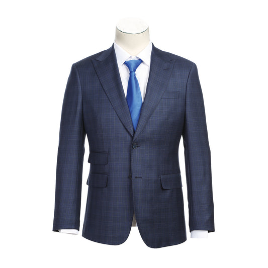 A sleek, gray-blue wool suit jacket from English Laundry is stylishly matched with a blue tie and white dress shirt, elegantly displayed on a mannequin.