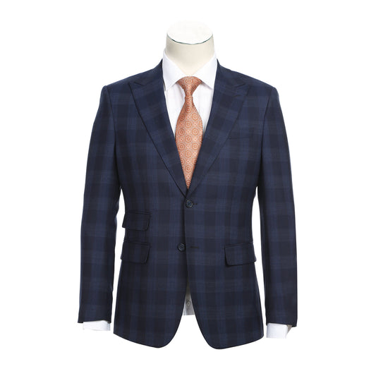 The ENGLISH LAUNDRY Navy Wool Suit EL82-65-410 by English Laundry features a navy plaid slim fit jacket with peak lapels and two buttons, crafted from a wool polyester blend, displayed on a mannequin with a white dress shirt and an orange patterned tie.