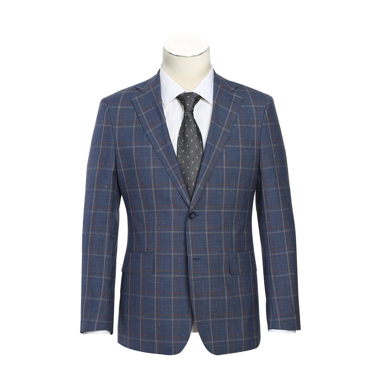 The mannequin elegantly showcases the ENGLISH LAUNDRY Light Steel Blue with Orange Check Wool Suit EL72-62-400 by English Laundry, in a sleek slim fit. It is beautifully paired with a crisp white shirt and a dark patterned tie.