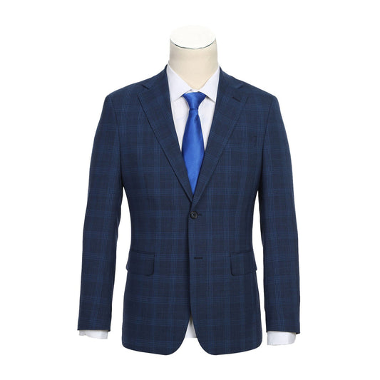 The ENGLISH LAUNDRY Airforce Blue Plaid Wool Suit (EL72-50-412) from English Laundry is displayed on a mannequin. Featuring a stretch wool blend for the ultimate comfort, it elegantly pairs with a white shirt and blue tie, showcasing its slim fit silhouette against a plain backdrop.