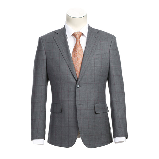 The mannequin is dressed in the ENGLISH LAUNDRY Gray Brown Wool Suit EL82-61-092 jacket by English Laundry, showcasing a slim fit design with elegant notch lapels. It's complemented by a crisp white shirt and an orange patterned tie.