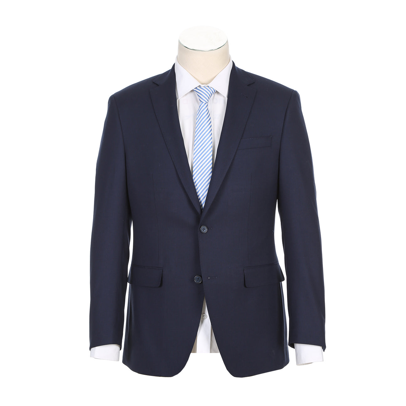 The RIVELINO Classic Fit Navy Half-Canvas Suit RHC100-2 by Rivelino pairs perfectly with a light blue striped tie and a crisp white dress shirt.