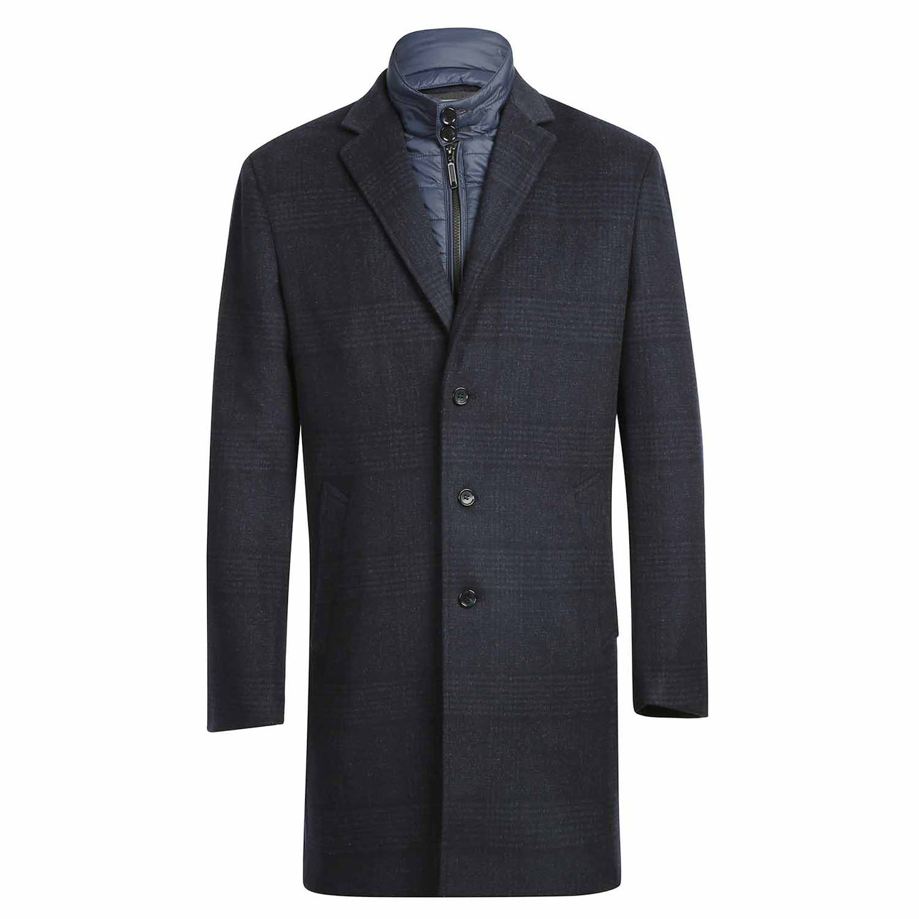 The ALESSANDRO VITELLO Blue Long Coat 830-3 from Alessandro Vitello showcases a classic single-breasted design with a three-button closure against a white background. Crafted from fine wool in a dark plaid pattern, it features a sophisticated notch lapel and includes a zip-up inner layer visible at the collar.