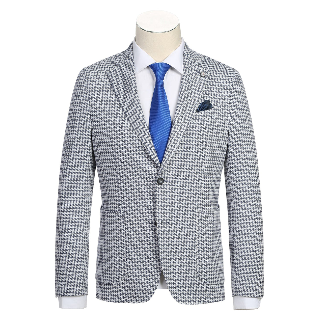 A mannequin showcasing the Pellagio Blue Houndstooth Men's Half Canvas Blazer PS23-5 features a notched lapel, complemented by a white shirt, blue tie, and a blue pocket square. The slim-fit design of this Pellagio blazer brings a modern flair to the classic ensemble.