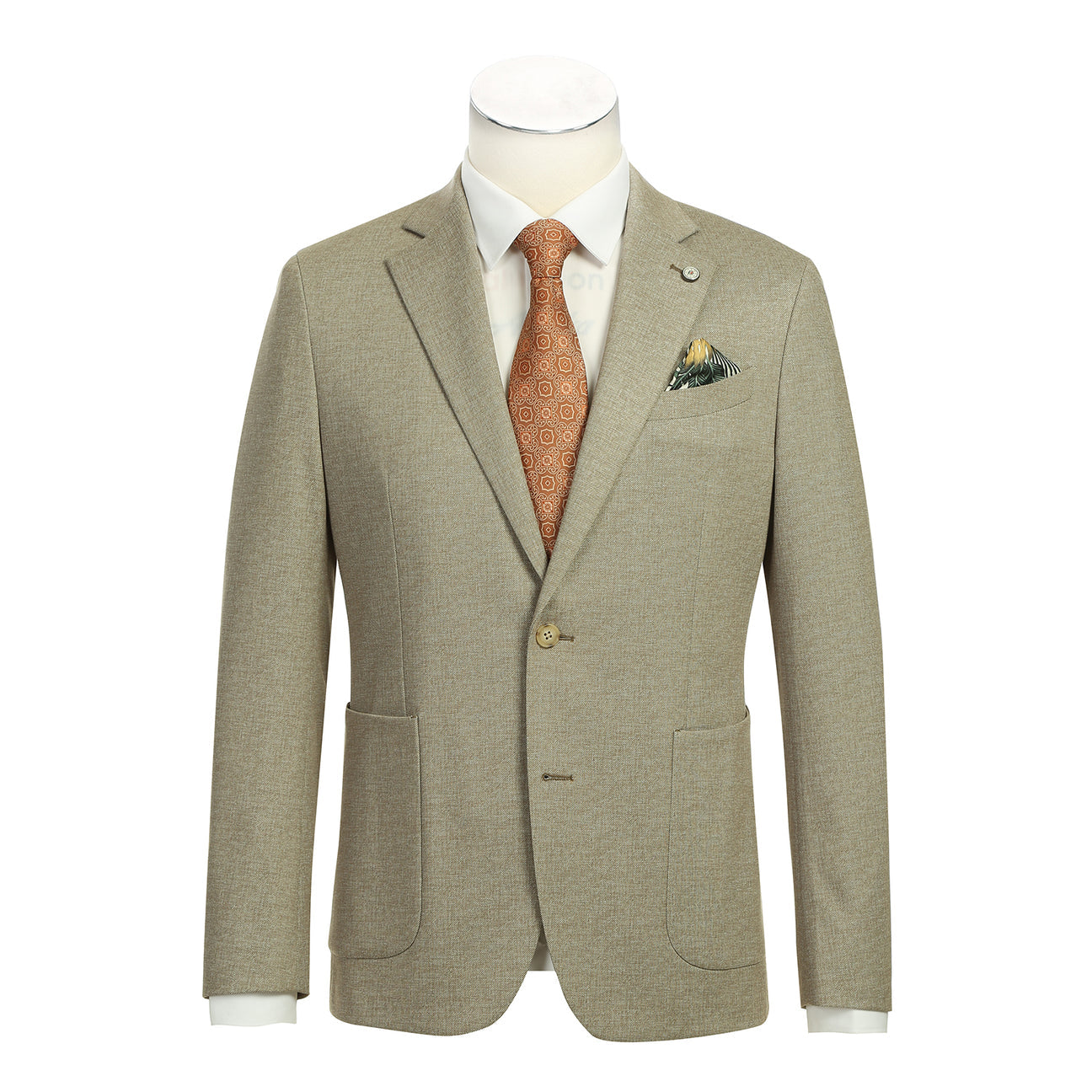 A slim fit, single-breasted Pellagio Beige Men's Half Canvas Blazer PS24-1 paired with a white dress shirt and an orange patterned tie. A pocket square is neatly tucked in the left breast pocket, highlighting its refined half canvas construction.