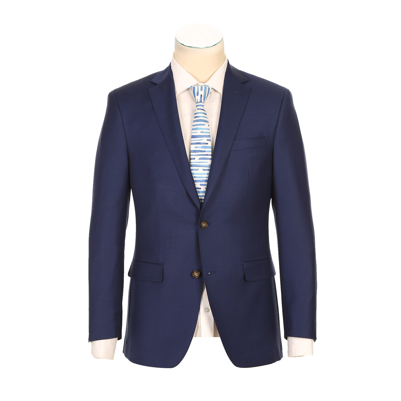 A mannequin displays the RIVELINO Modern Fit Blue Half-Canvas Suit RHC100-19 by Rivelino, complemented with a crisp white shirt and a blue patterned tie, exuding elegance and style.