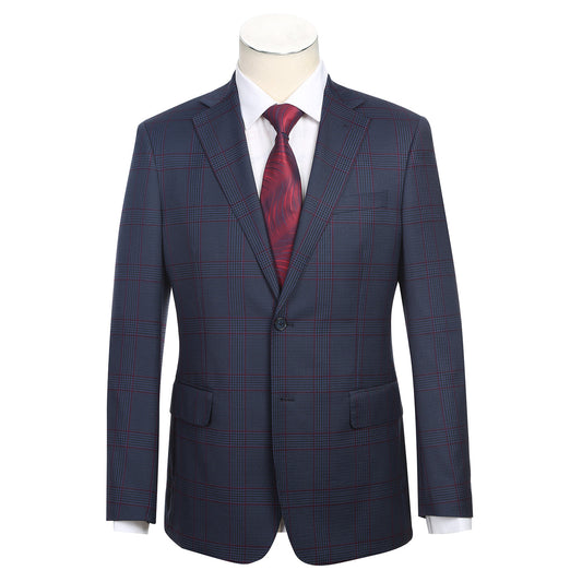 The mannequin displays an ENGLISH LAUNDRY Blue with Burgundy Check Suit, showcasing a slim fit and refined notch lapels. The ensemble is elegantly complemented by a crisp white shirt and a striking red tie, while the two-button closure provides a classic finish.