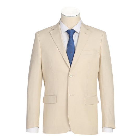 The Alessandro Vitello by Renoir 2-Piece New Slim Fit Suit in Tan is displayed on a mannequin, paired with a white shirt and blue tie, showcasing its sleek two-button closure.