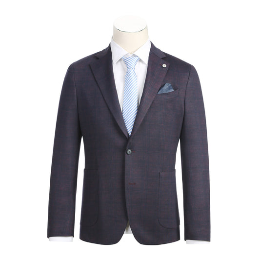 Displayed on a mannequin, the Pellagio Men's Half Canvas Gray Blue Blazer PF23-9 showcases a white shirt, light blue striped tie, and pocket square. With its slim fit and notched lapel, this stylish blazer from Pellagio is a sophisticated choice.