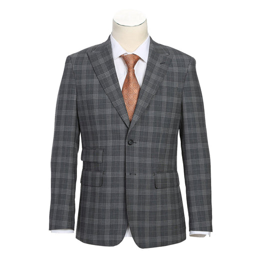 A slim fit jacket from English Laundry, specifically the ENGLISH LAUNDRY Gray Check Peak Wool Suit (EL72-58-093), featuring a peak lapel and two-button closure, elegantly complemented by a white shirt and an orange patterned tie, displayed on a mannequin.