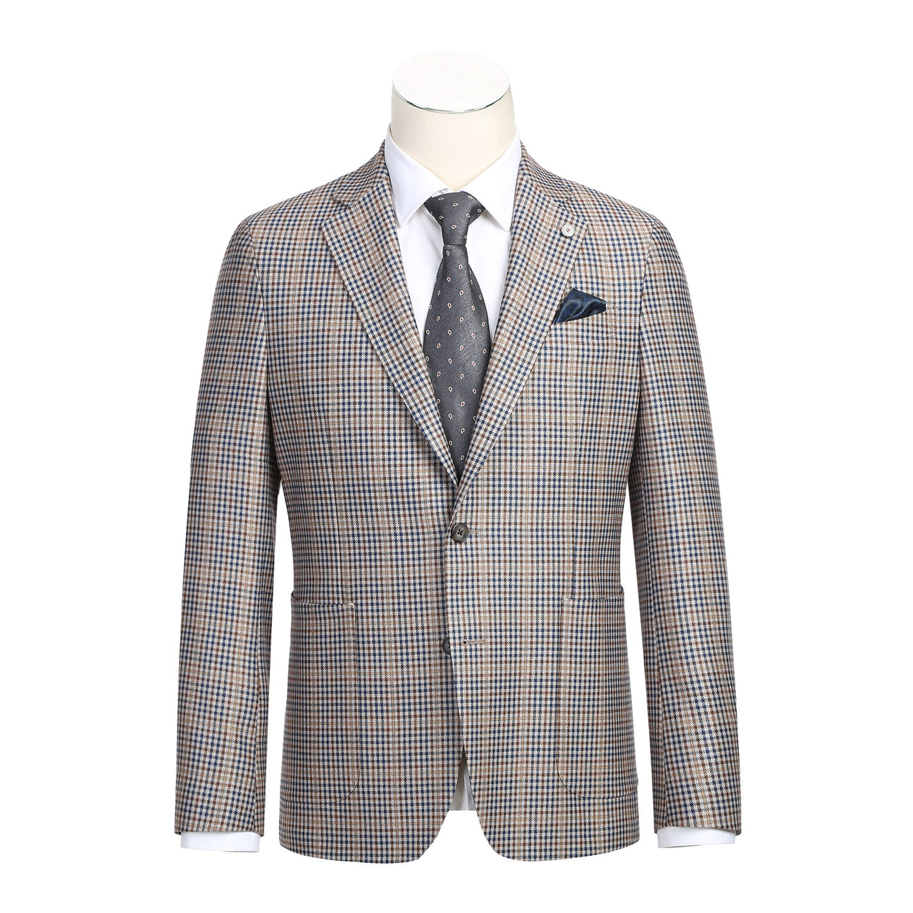 Displayed on the mannequin is the Pellagio Men's Half Canvas Light Gray Blazer PF23-3, featuring a sleek single-breasted design with a notched lapel. It pairs exquisitely with a crisp white shirt and a coordinating gray polka dot tie.