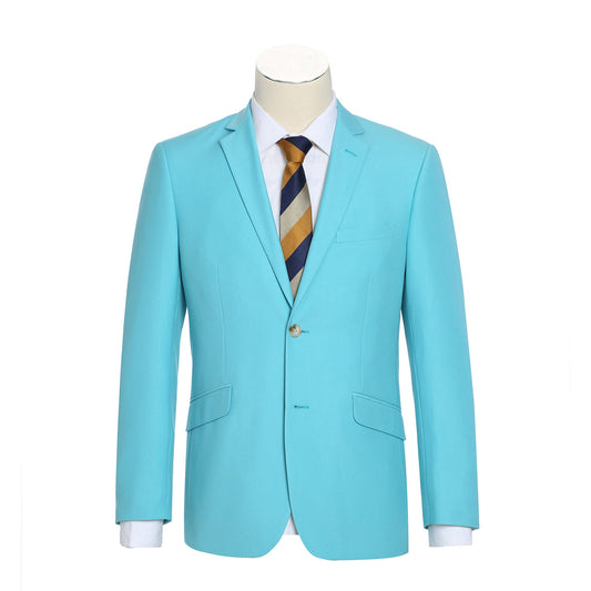 A mannequin dressed in the Alessandro Vitello by Renoir Green Slim Fit 2-Piece Single Breasted Notch Lapel Suit 201-59, complemented by an office-ready white shirt and a striped tie featuring blue, black, and orange hues.